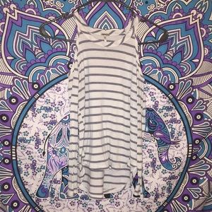 grey striped “cold shoulder” top